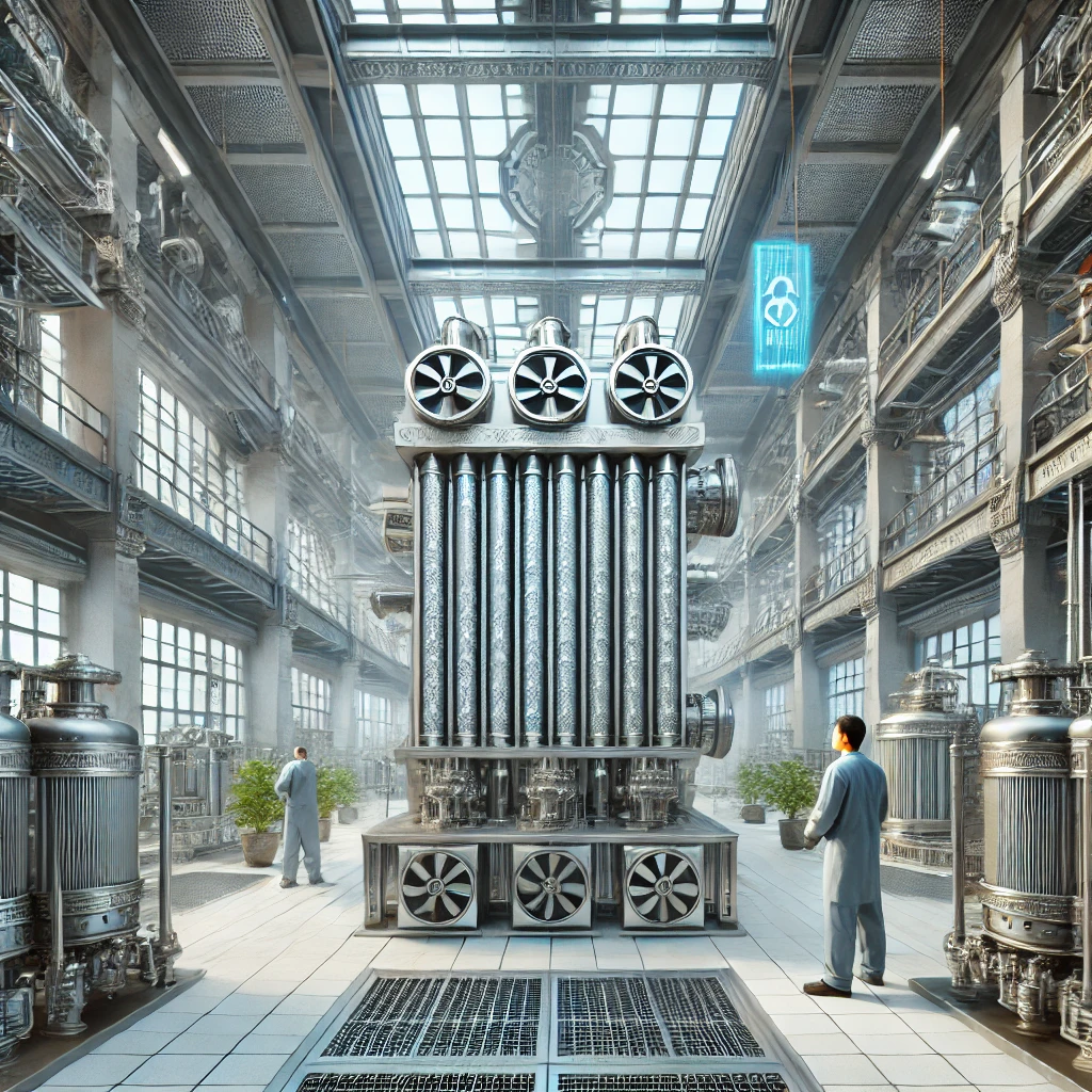 翅片管技术在换热器中的应用(图1) A Chinese-style industrial setting featuring advanced finned tube technology in heat exchangers. The scene includes modern finned tube heat exchangers with intricate fin designs, showcasing their efficiency in heat transfer. The background shows a clean, well-organized factory environment with Chinese architectural elements, symbolizing technological innovation and industrial excellence. Engineers are seen working on the heat exchangers, emphasizing precision and expertise.