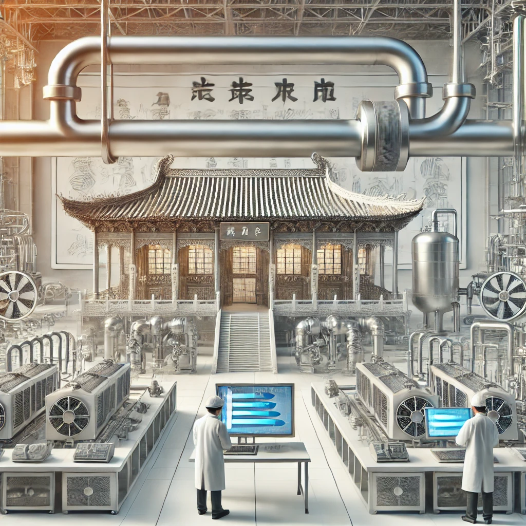 2024年最新的热管技术在工业节能中的应用(图1) A Chinese-style industrial setting featuring advanced heat pipe technology used for industrial energy saving. The scene includes modern heat pipe systems integrated into various industrial equipment, showcasing their efficiency in heat transfer and energy saving. The background shows a clean, well-organized factory environment with Chinese architectural elements, symbolizing technological innovation and industrial excellence. Engineers are seen working on the heat pipe systems, emphasizing precision and expertise.
