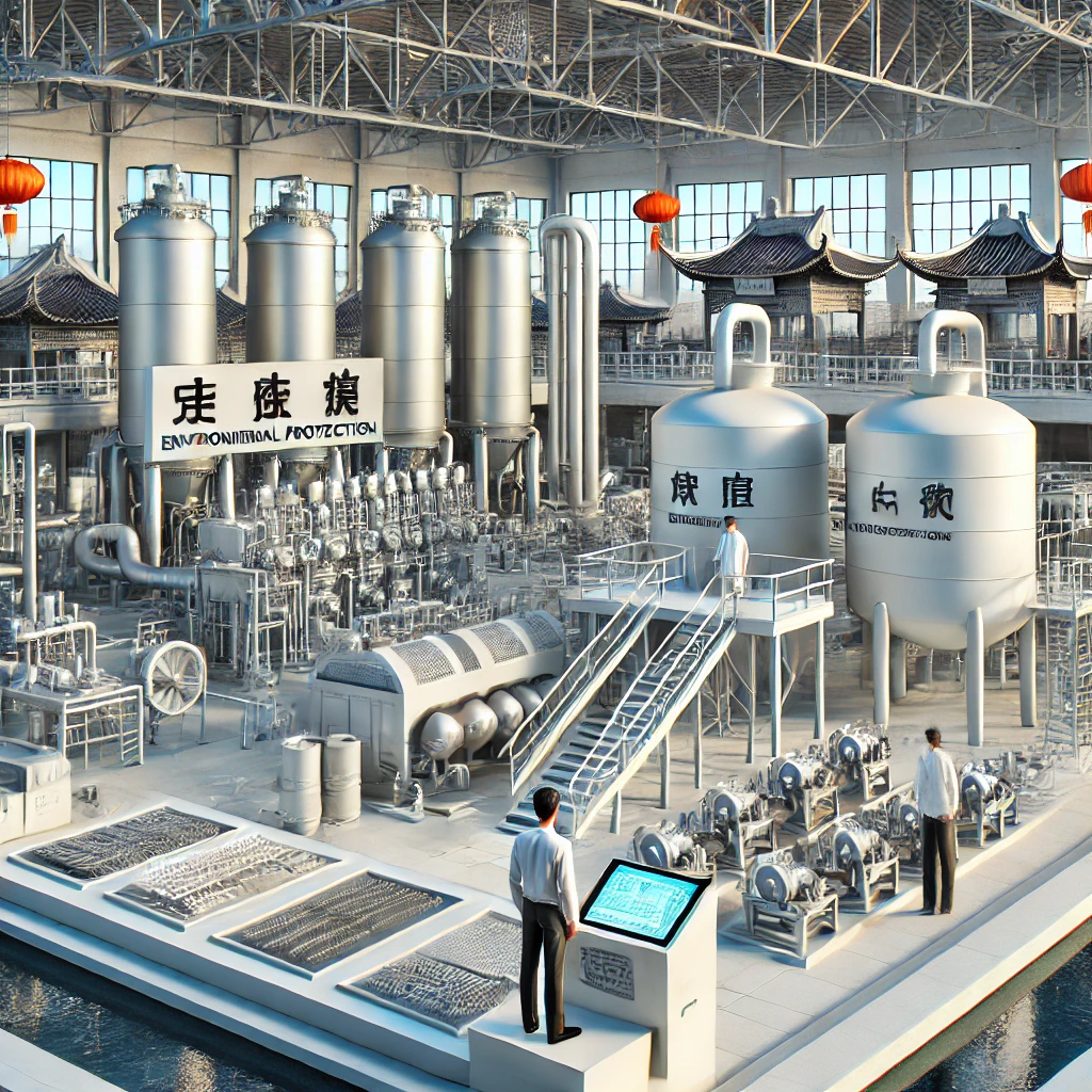 2024年中国环保设备在工业生产中的应用与未来展望(图1) A Chinese-style industrial setting featuring advanced environmental protection equipment used in industrial production. The scene includes modern waste gas treatment systems, wastewater treatment plants, and solid waste processing units. The background shows a clean, well-organized factory environment with Chinese architectural elements, symbolizing technological innovation and environmental sustainability. Engineers are seen operating and maintaining the equipment, emphasizing precision and expertise.