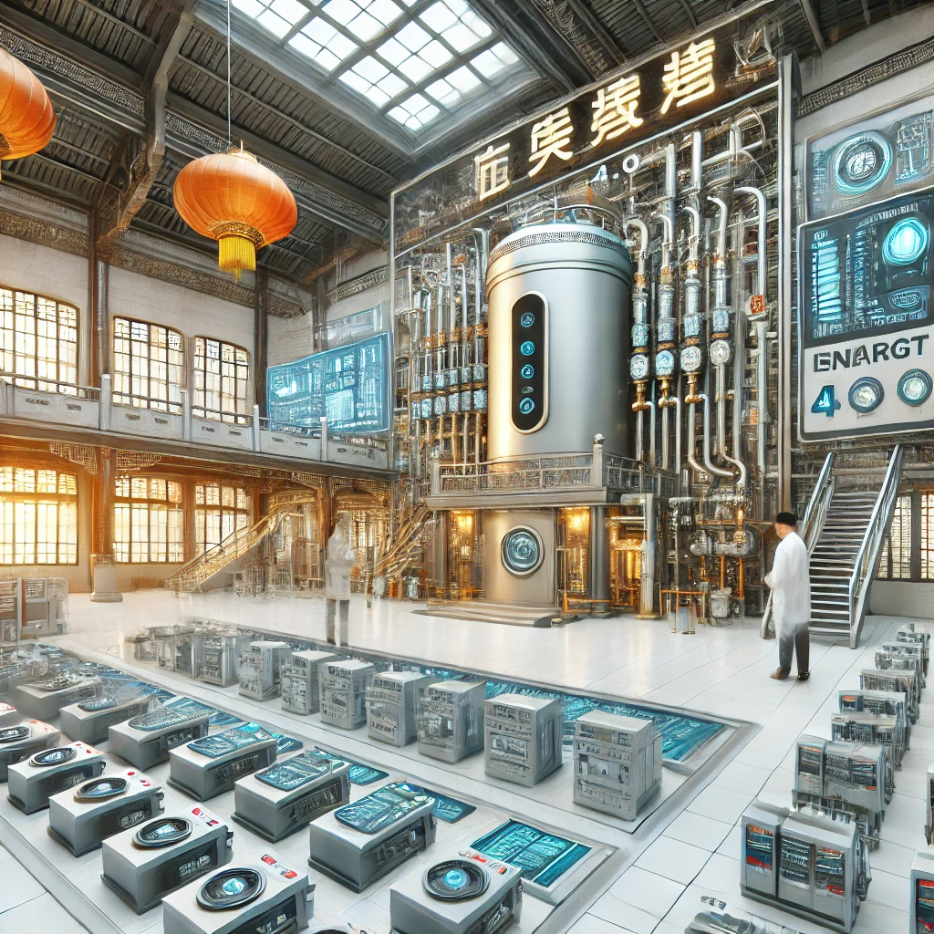 工业4.0时代下的节能环保设备创新(图1) A Chinese-style industrial setting featuring advanced smart energy-saving equipment in an Industrial 4.0 era. The scene includes modern intelligent boilers, sensors, and automated control systems, showcasing their application in reducing energy consumption and enhancing efficiency. The background displays a clean, well-organized factory environment with Chinese architectural elements, symbolizing technological innovation and industrial excellence. Engineers are seen working on the smart equipment, emphasizing precision and expertise.