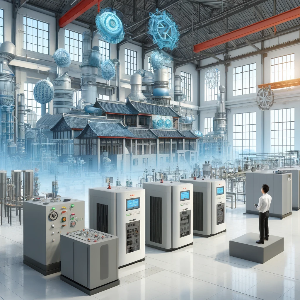 A Chinese-style industrial setting featuring advanced smart grid systems and high-efficiency energy technologies. The scene includes modern heat-to-electricity conversion units, smart grid components, and high-efficiency energy storage devices. The background displays a clean, well-organized factory environment with Chinese architectural elements, symbolizing technological innovation and industrial excellence. Engineers are seen working on the energy systems, emphasizing precision and expertise.