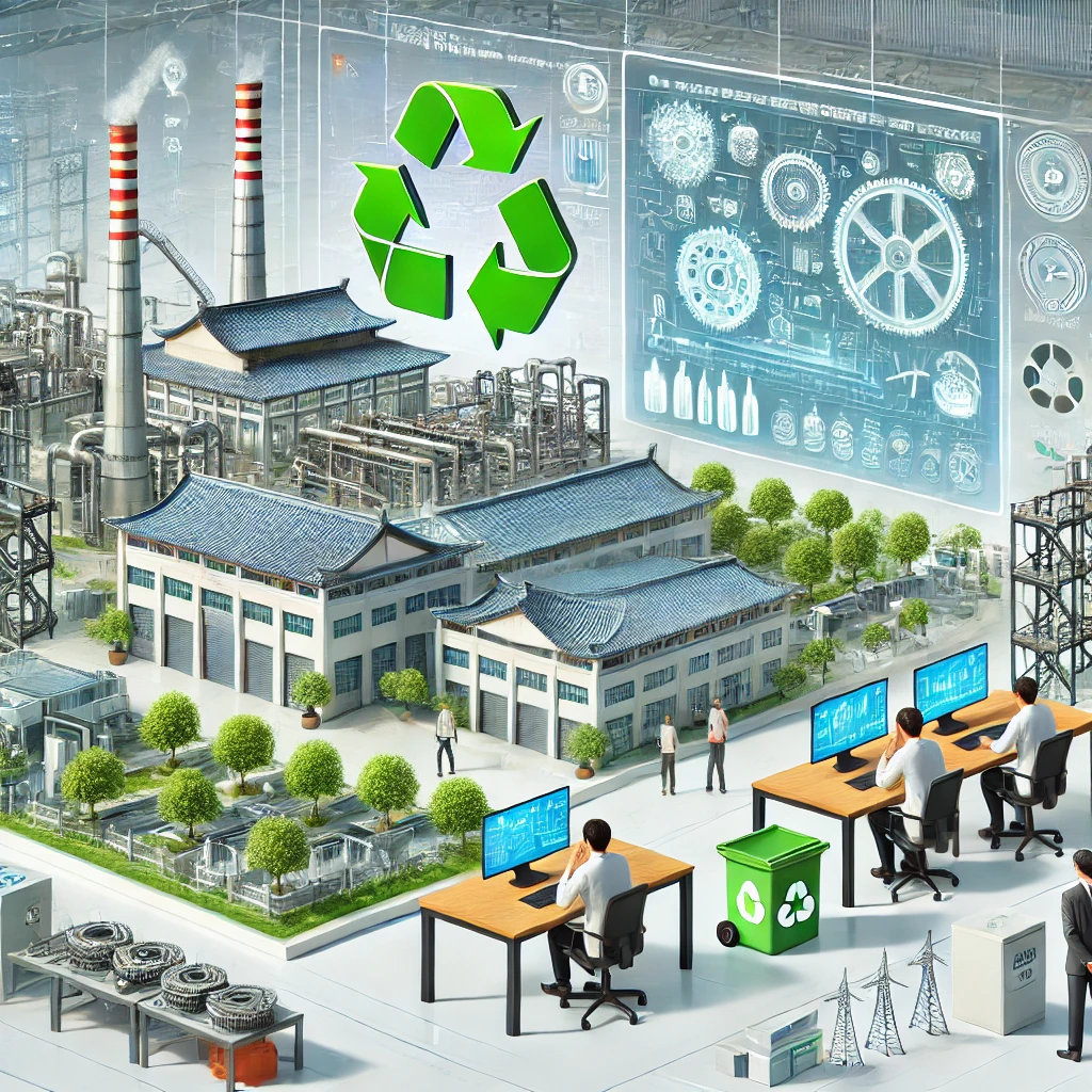 可持续发展的未来:绿色制造在现代工业中的应用(图1) A Chinese-style industrial setting featuring advanced green manufacturing technologies. The scene includes modern clean production processes, high-efficiency energy management systems, and waste recycling facilities. The background displays a clean, well-organized factory environment with Chinese architectural elements, symbolizing technological innovation and environmental sustainability. Engineers and technicians are seen collaborating on green manufacturing processes, emphasizing precision, efficiency, and eco-friendliness.