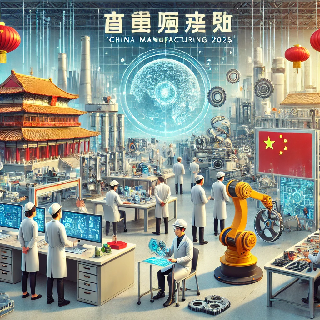 中国制造2025:创新战略挑战(图1) A Chinese-style industrial setting representing the goals of 'China Manufacturing 2025.' The scene includes advanced manufacturing technologies such as smart robots, automated production lines, and innovative research and development labs. The background shows a well-organized factory environment with Chinese architectural elements, symbolizing innovation, high-tech progress, and industrial excellence. Engineers and technicians are seen collaborating and working on cutting-edge technology, emphasizing precision, expertise, and the spirit of innovation.