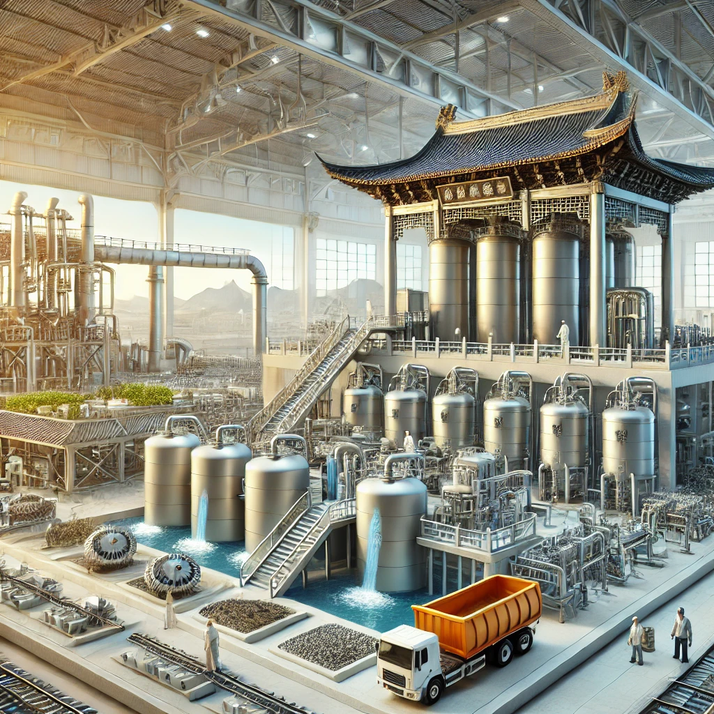 工业污染治理:2024年中国最新环保技术助力清洁生产(图1) A Chinese-style industrial setting featuring advanced environmental protection technologies for pollution control. The scene includes modern waste gas treatment systems, wastewater treatment plants, and solid waste processing units. The background shows a clean, well-organized factory environment with Chinese architectural elements, symbolizing technological innovation and environmental sustainability. Engineers and workers are seen operating and maintaining the pollution control equipment, emphasizing precision, expertise, and environmental consciousness.