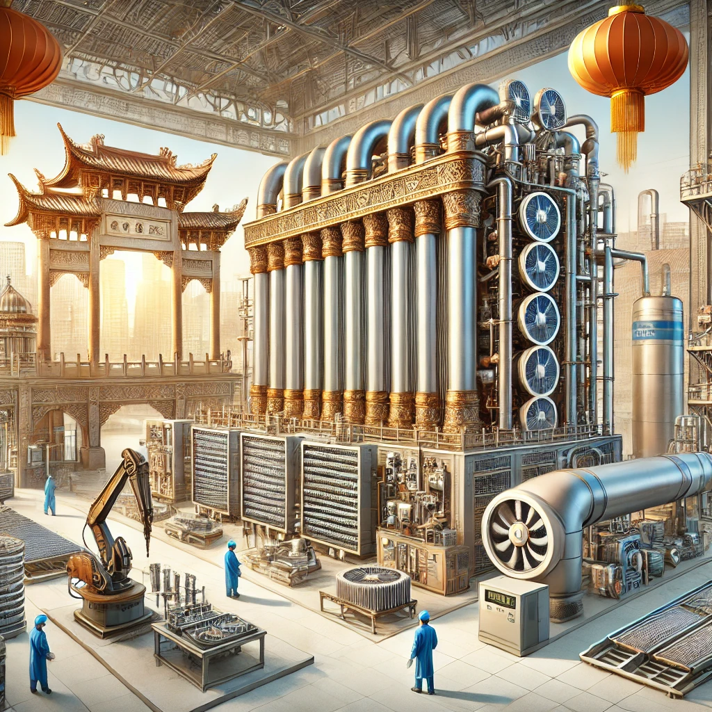 空气加热器与翅片管技术在现代工业中的应用(图1) A Chinese-style industrial setting featuring advanced heat exchangers like air heaters, finned tubes, finned tube radiators, and boiler economizers. The scene includes modern industrial equipment with finned tubes and heat exchangers in operation. The background shows a clean, well-organized factory environment with Chinese architectural elements, symbolizing technological innovation and efficiency in energy systems. Engineers and technicians are seen working on the equipment, emphasizing precision, expertise, and quality assurance.
