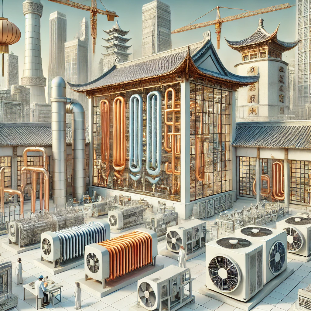 A Chinese-style industrial setting featuring advanced heat exchangers like air heaters, finned tubes, finned tube radiators, and boiler economizers. The scene includes modern industrial equipment with finned tubes and heat exchangers in operation. The background shows a clean, well-organized factory environment with Chinese architectural elements, symbolizing technological innovation and efficiency in energy systems. Engineers and technicians are seen working on the equipment, emphasizing precision, expertise, and quality assurance.