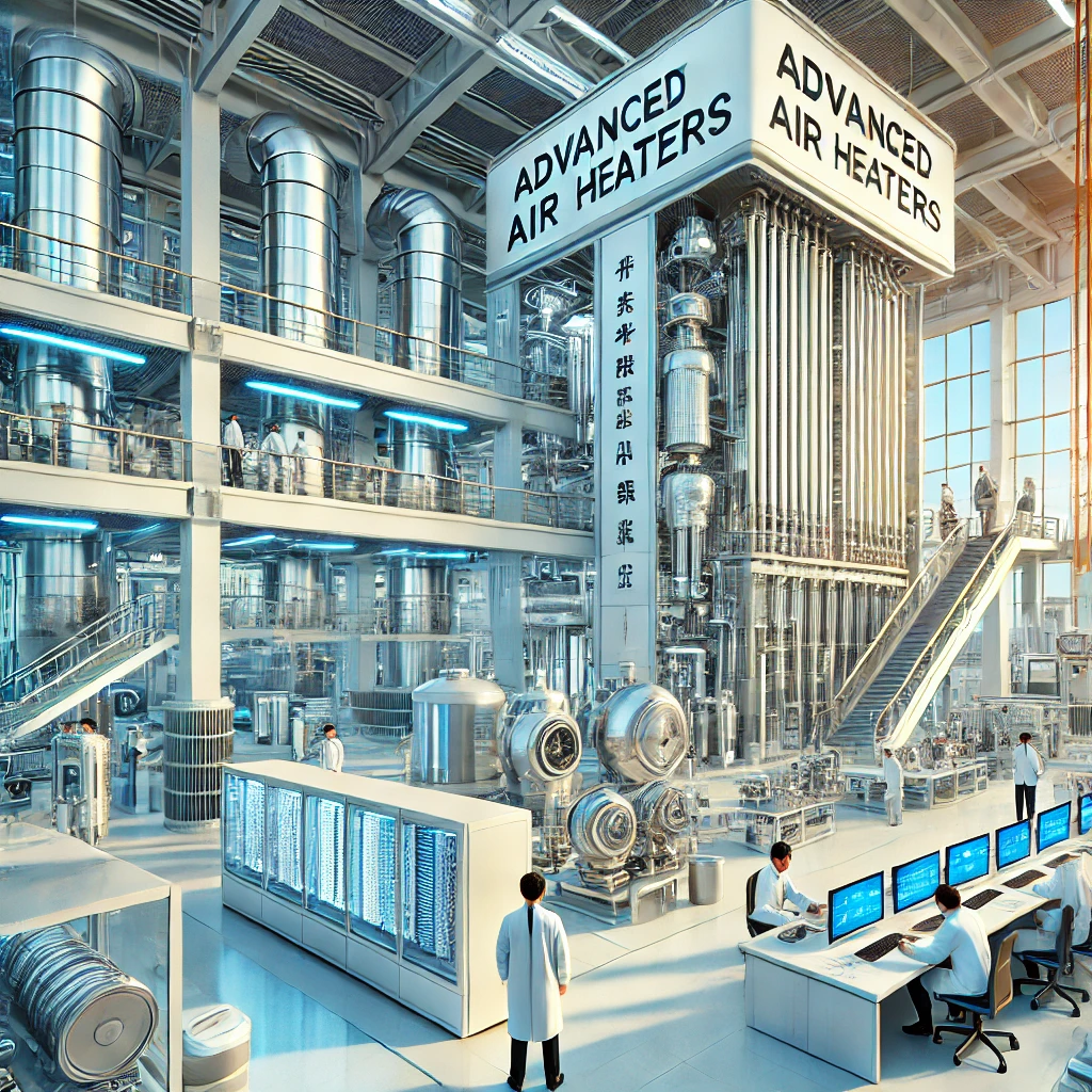 2024年最新前沿应用:空气加热器与翅片管技术(图1) A modern Chinese-style industrial setting showcasing advanced air heaters, finned tubes, finned tube radiators, and boiler economizers. The scene includes high-tech machinery and equipment in operation within a clean, organized factory. The environment features Chinese architectural elements and emphasizes technological innovation, energy efficiency, and industrial excellence. Engineers and technicians are actively working on and monitoring the equipment, highlighting precision and expertise.
