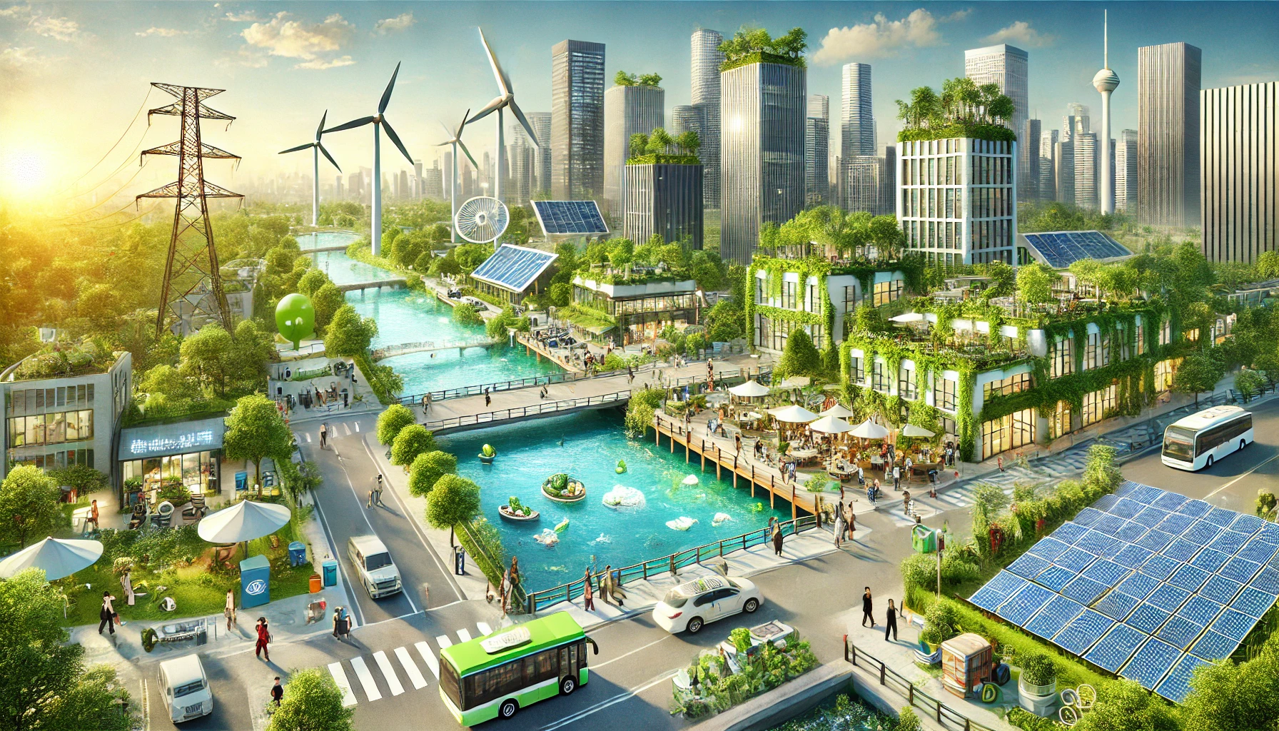 关于提升我国环保产业发展的新思路(图1) A scene showcasing the development of the environmental protection industry in China. The image features a modern city with clean energy sources such as solar panels and wind turbines, green buildings with rooftop gardens, and a river with clean water. People are seen engaging in activities like recycling, using public transportation, and working on environmental technologies. The atmosphere is vibrant, showcasing a harmonious balance between urban development and nature.